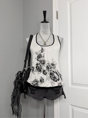 Y2K Pretty Good White Racerback Tank Top with Glittery Black Rose Print